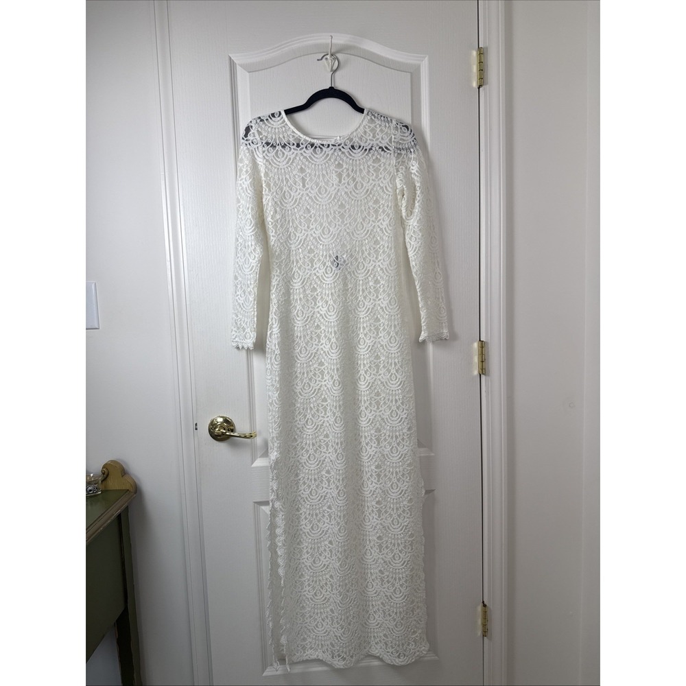 HM Divided White Lace Maxi Dress Sz 6 Tie Straps Sheer Boho Wedding Guest